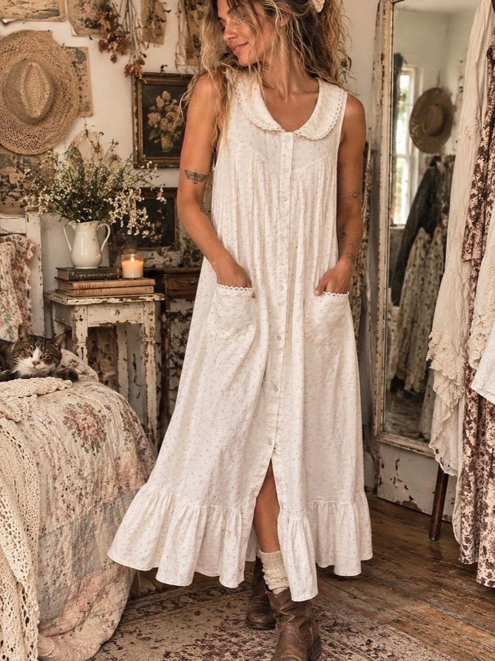Vintage Aria Floral Ruffle Hem Maxi Dress Size Small